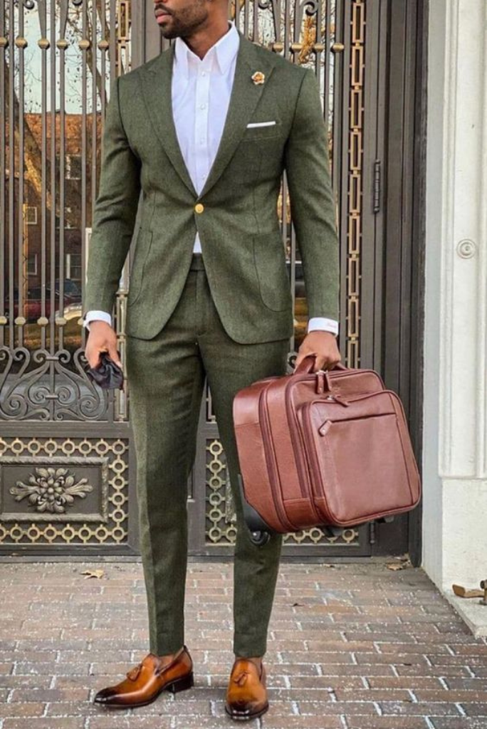 men two piece suit slim fit olive green