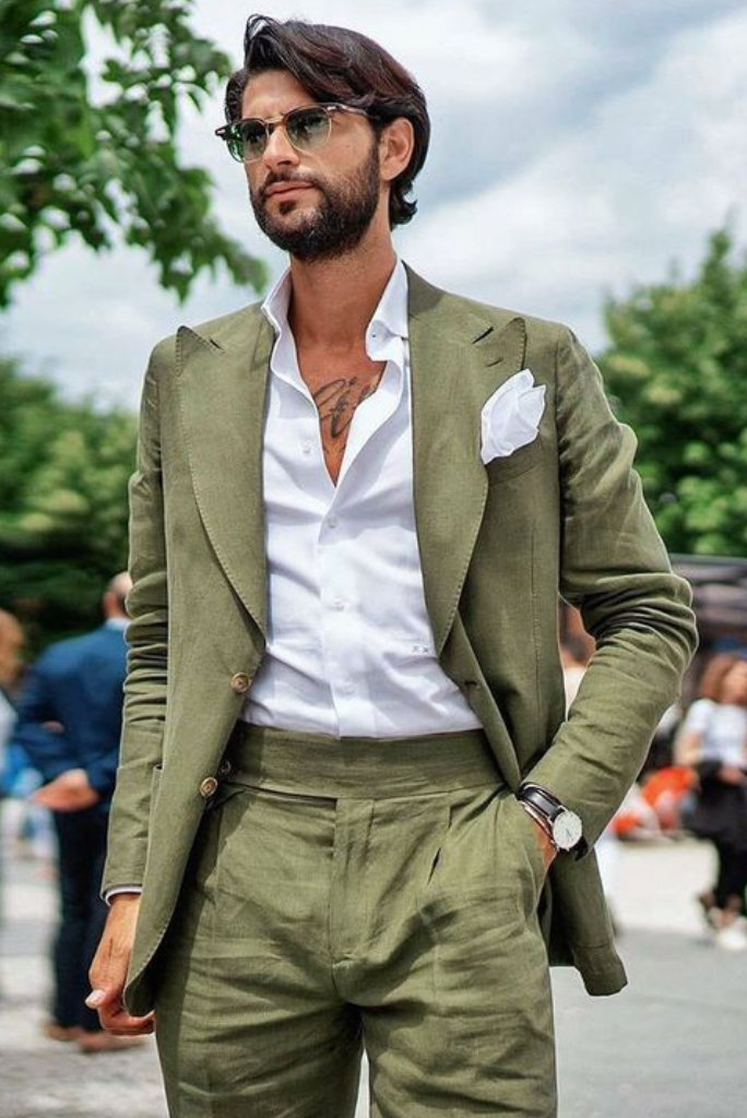 Men 2 Piece Suit Olive Green Linen | Slim Fit Suit | Wedding Suit | Sainly