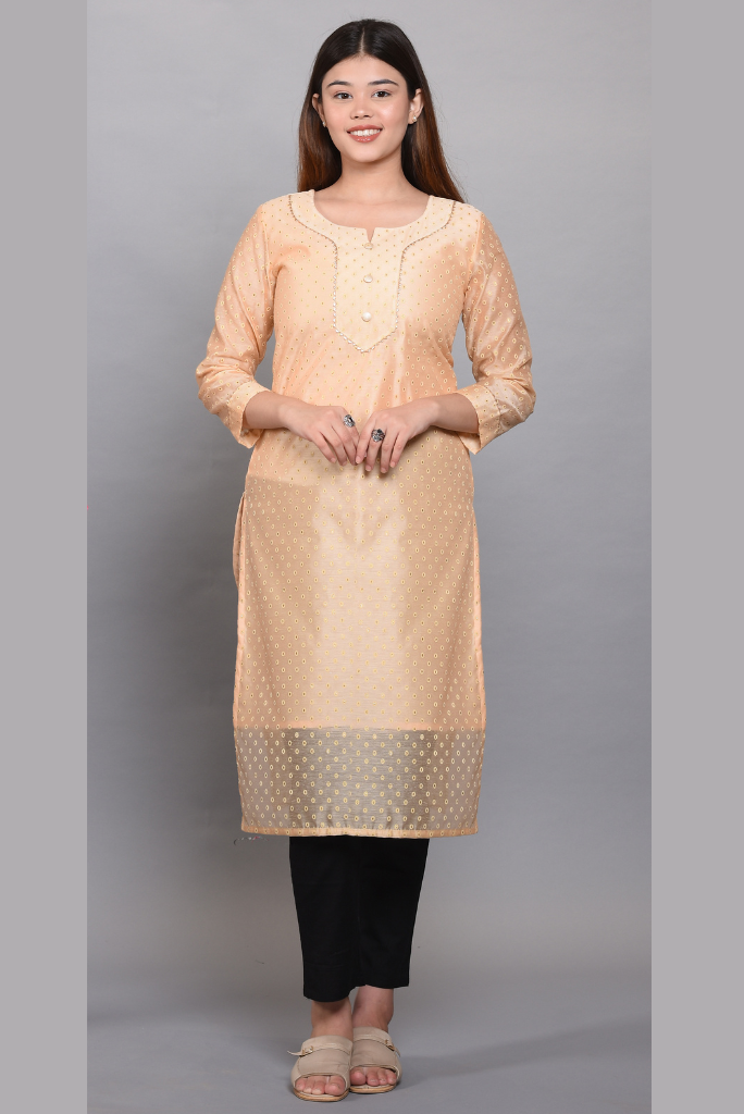 Indian Peach Chanderi Silk Suit Set by Sainly