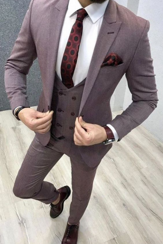 Men's Three Piece Suit Bespoke Tailoring Maroon Designer 3 Piece Slim Fit Suit for Men