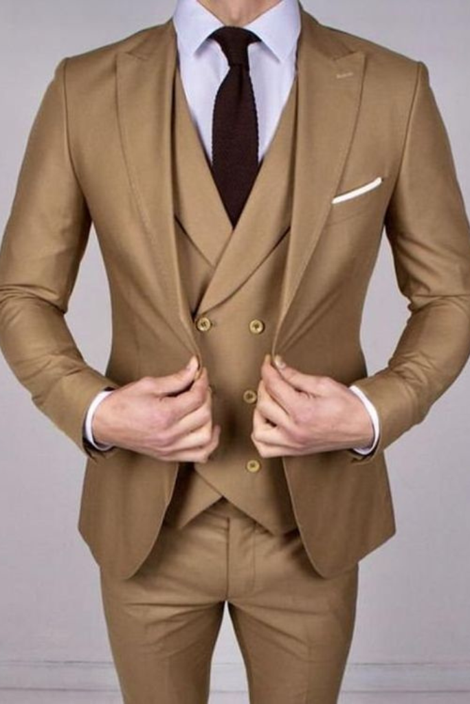 Men 3 Piece Khaki Suit | One Button Formal Wear | Sainly