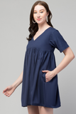 Women Linen Short Dress Blue