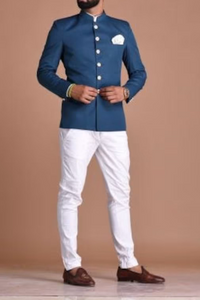 Bespoke Indian Maharaja Style Royal Teal Blue Jodhpuri Bandhgala Suit With White Trouser | wedding Functions | Perfect for formal Party Wear