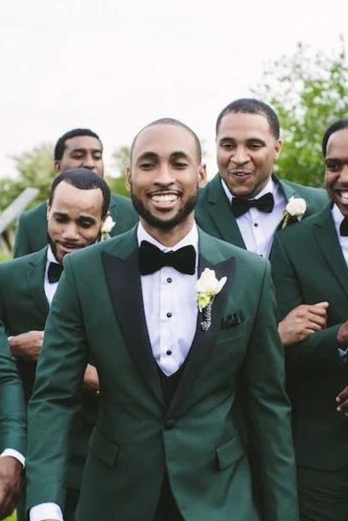Men's green three-piece slim fit wedding suit