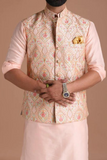 Elegant Banarsi Light Pink Color Designer Half Jodhpuri Jacket with Silk Kurta Pajama Set | Fee Personalisation | Festivals Family Function