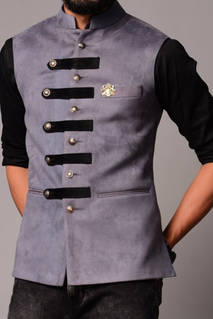 Men Grey Suede Leather Cross Breasted Half Jackets