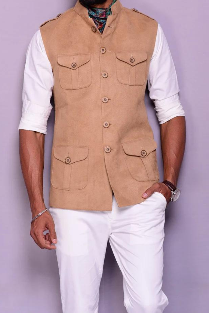 Wheat Brown Suede Leather Jackets Semi Hunting Jacket For Pocket Wedding Jackets Sainly SAINLY