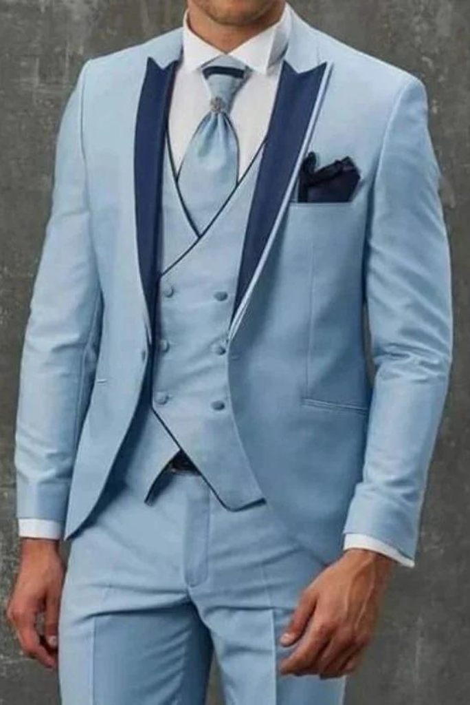 Men 3 Piece Tuxedo Suits Sky Blue