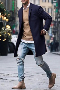 Men Dark Blue Overcoat | Long Jacket | Winter Coat | Sainly