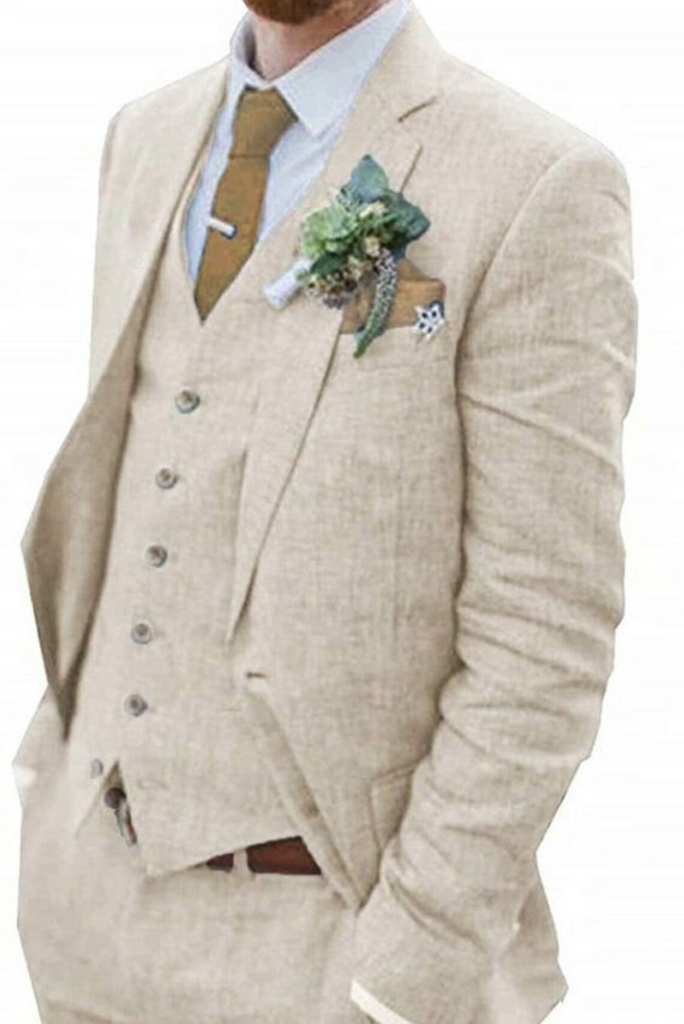 Men linen beige suit | beach wedding suit | 3 Piece Suit | Sainly 