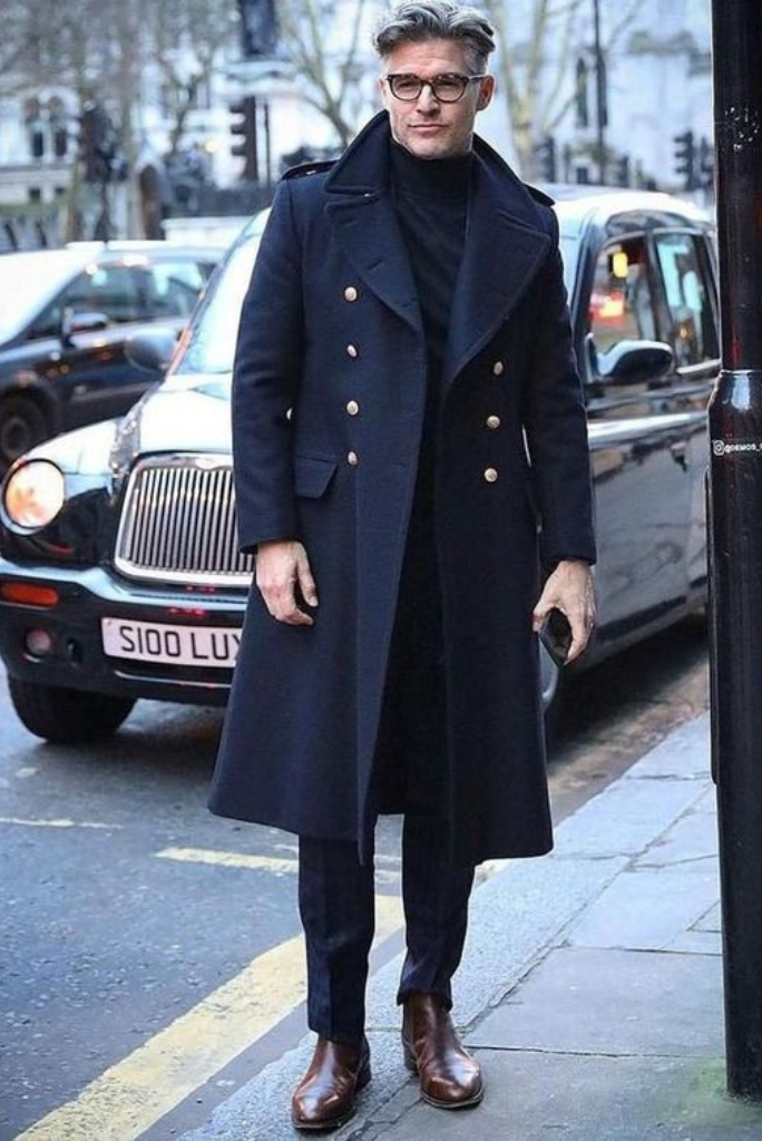 Men Blue woolen long Vintage Long Coat Men Jacket Coat
