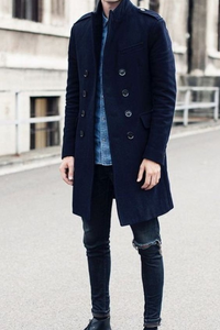 Men Long Jacket | Winter Long Overcoat | Double Breast Coat Blue | Sainly