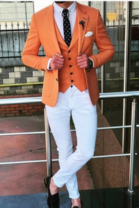 Men Orange 3 Piece Suit | Wedding Groom Suit | Bespoke Suit | Sainly