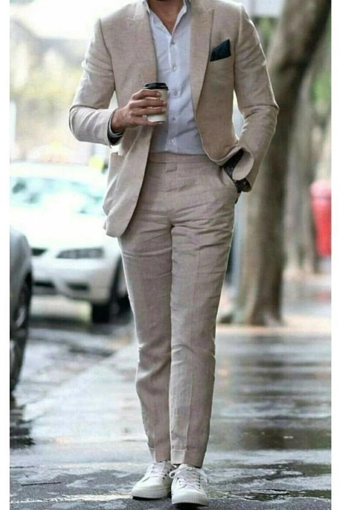 Men linen beige suit | beach wedding suit | 2 Piece Suit | Sainly 