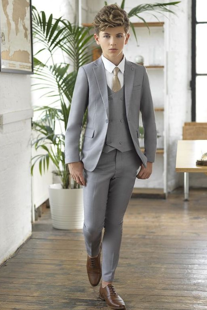 Boys 3-Piece Slim Fit Tuxedo Suit – Blazer, Vest & Pants Set For Weddings, Ring Bearer, Formal Parties