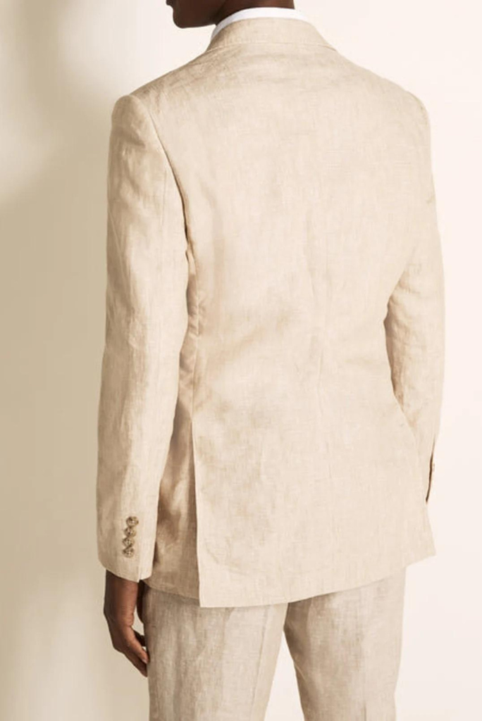 Men Linen Suit Beige Three Piece Suit Wedding Formal Wear Sainly