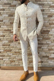 Men Cream Jodhpuri Suit With Golden Zari Work For Groom Wedding Functions Perfect For Formal Party Wear
