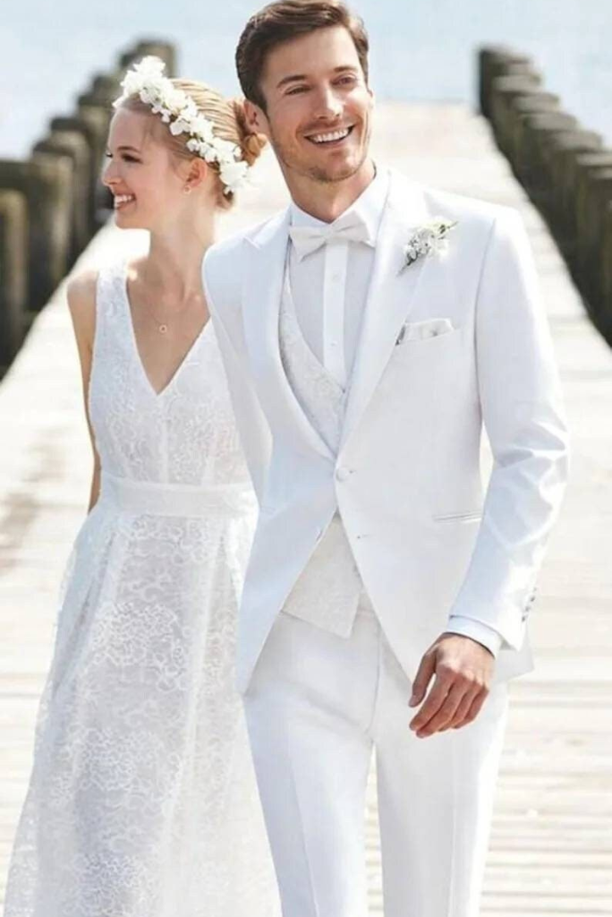Men White 3 Piece Suit Beach Wedding Suit Formal Wear Suits Sainly 50 / 40