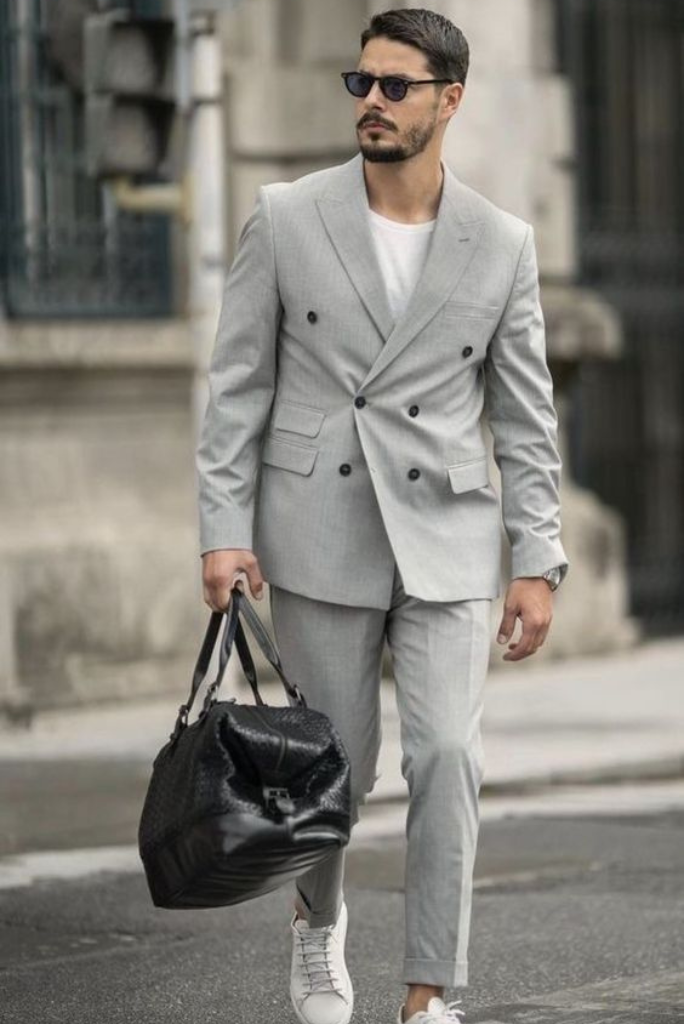 Grey Double Breasted Suit Men Two Piece Suit Formal Wedding Wear Sainly 42 / 46