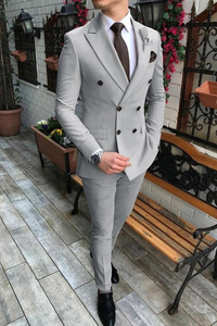 Men Suits 2 Piece Grey Double Breasted Suit Wedding Groom Suit Sainly