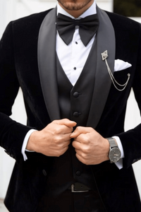 Men 3 Piece Black Velvet Tuxedo Suit Wedding Suit Slim Fit Suit Sainly