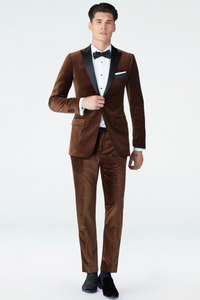 Men 2 Piece Brown Tuxedo Velvet Suit Winter Wedding Suit Sainly