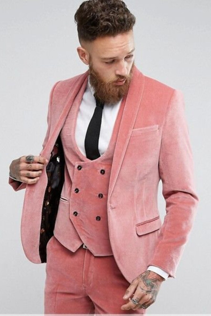 Men Velvet Suit Pink 3 Piece Suit Winter Suit Beach Wedding Suit Sainly