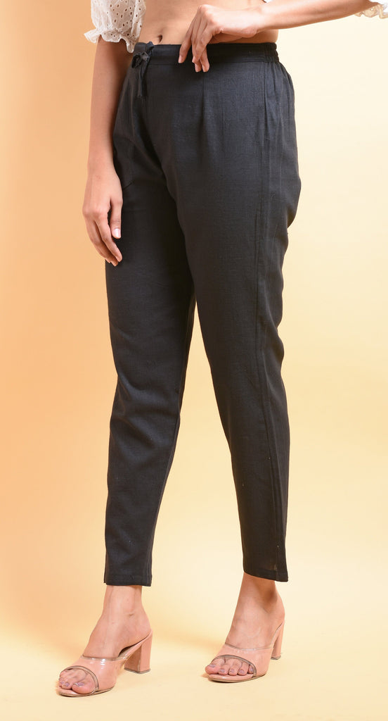 SAINLY Apparel & Accessories Black Cotton Pants With Fitting Lace and Pocket