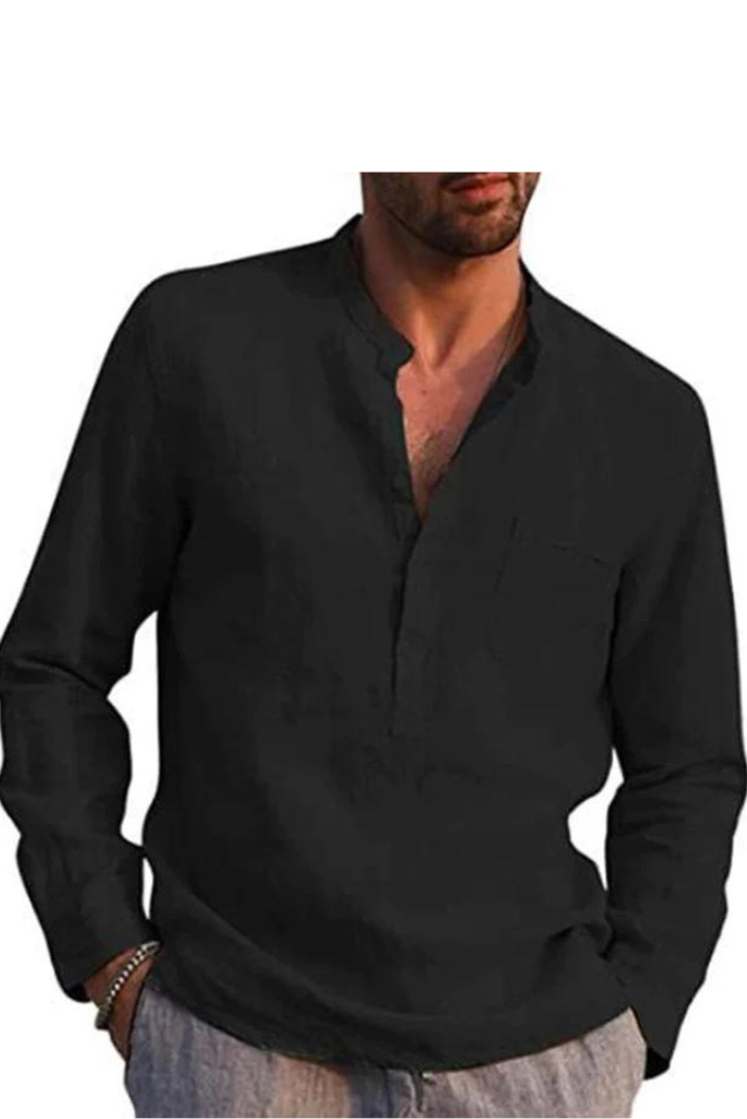 SAINLY Apparel & Accessories Black / Small Men's Long-Sleeved Shirts Summer Solid Color Stand-Up Collar Casual Beach Style