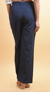 SAINLY Apparel & Accessories Blue Cotton Linen Wide Leg Trousers