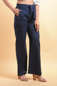 SAINLY Apparel & Accessories Blue Cotton Linen Wide Leg Trousers