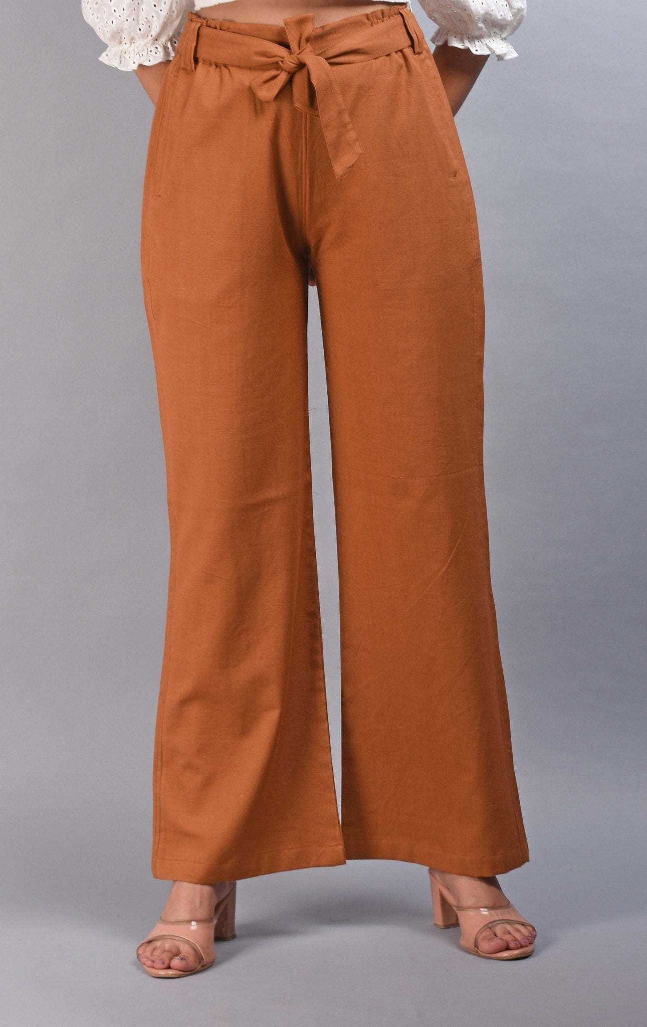 SAINLY Apparel & Accessories Brown Cotton Linen Wide Leg Trousers For Women