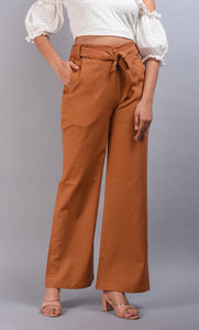 SAINLY Apparel & Accessories Brown Cotton Linen Wide Leg Trousers For Women