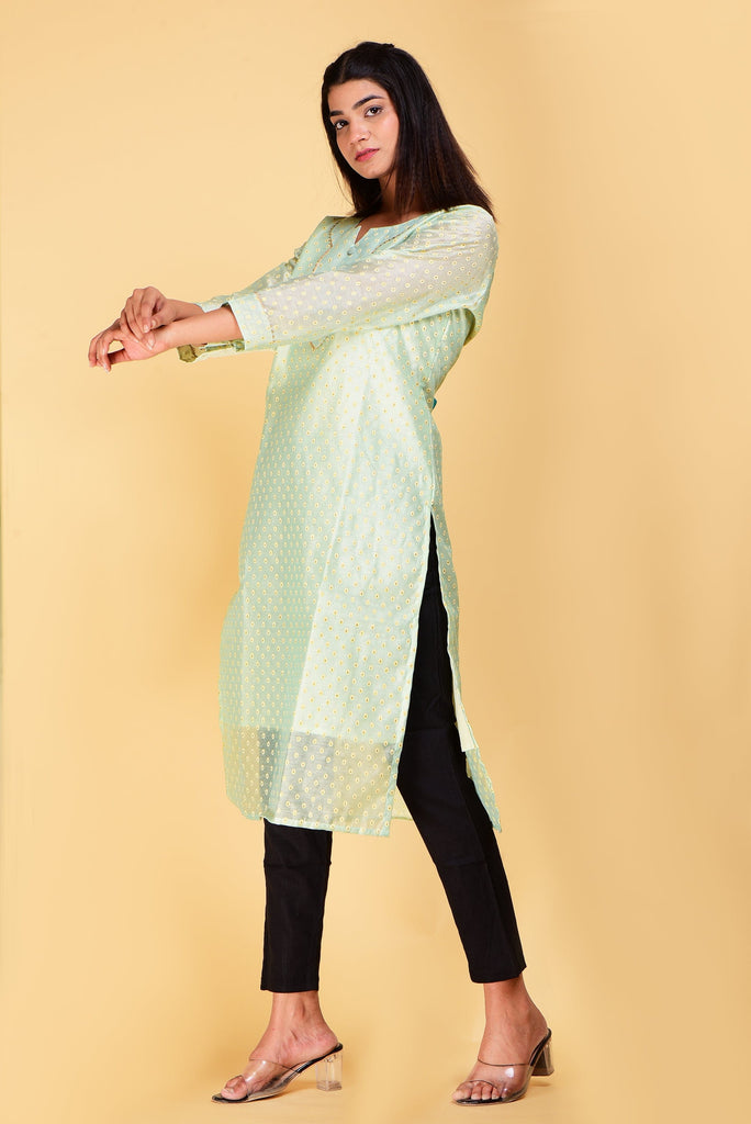 SAINLY Apparel & Accessories Chanderi Silk Suit Kurti With Cotton Trouser Set For Women