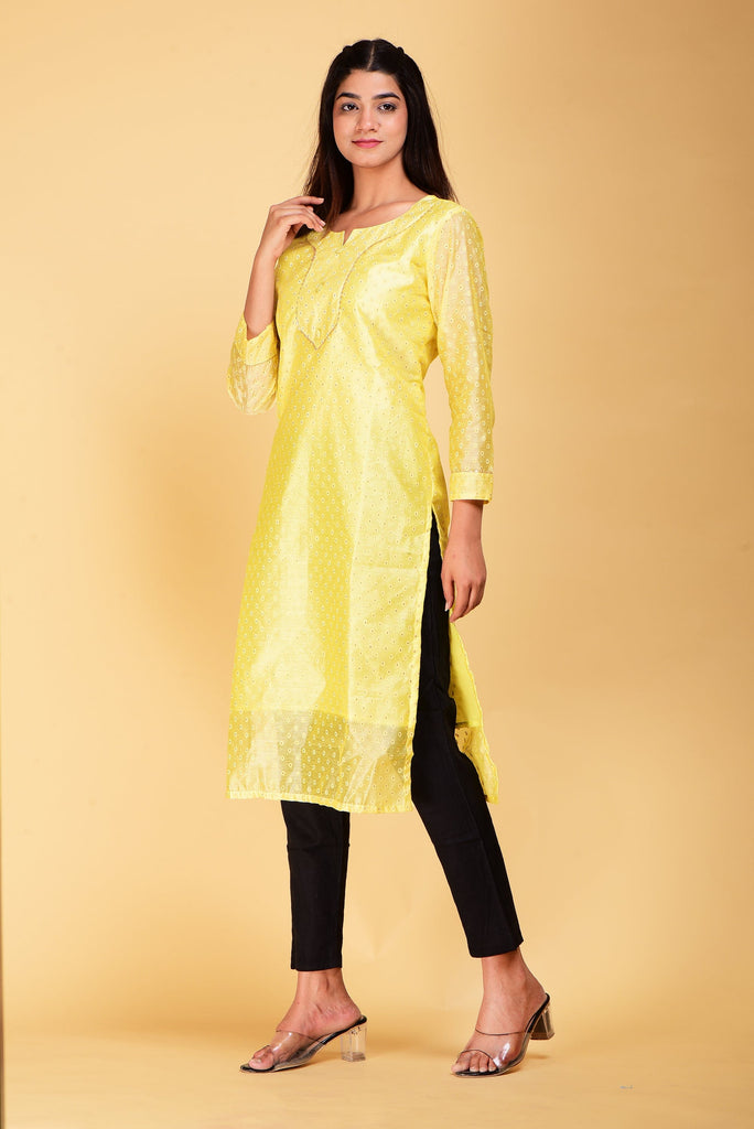 SAINLY Apparel & Accessories Chanderi Silk Suit Kurti With Cotton Trouser Set For Women