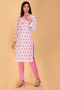 SAINLY Apparel & Accessories Cotton Suit Floral Hand Block Printed Kurta With Trouser / Pant Set For Women