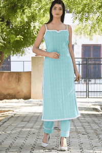SAINLY Apparel & Accessories Indian Pakistani Cotton Sleeveless Kurti Dress with Instant Charm Lace Work Pant Trouser for Women Ethnic Wear Dresses