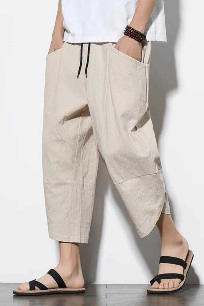 SAINLY Apparel & Accessories Khaki / M Men Cotton Linen Harem Short Pants Mens Retro Streetwear Beach Shorts Male Casual Calf--Length Trousers, Harem Pants