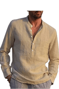 SAINLY Apparel & Accessories Khaki / Small Men's Long-Sleeved Shirts Summer Solid Color Stand-Up Collar Casual Beach Style