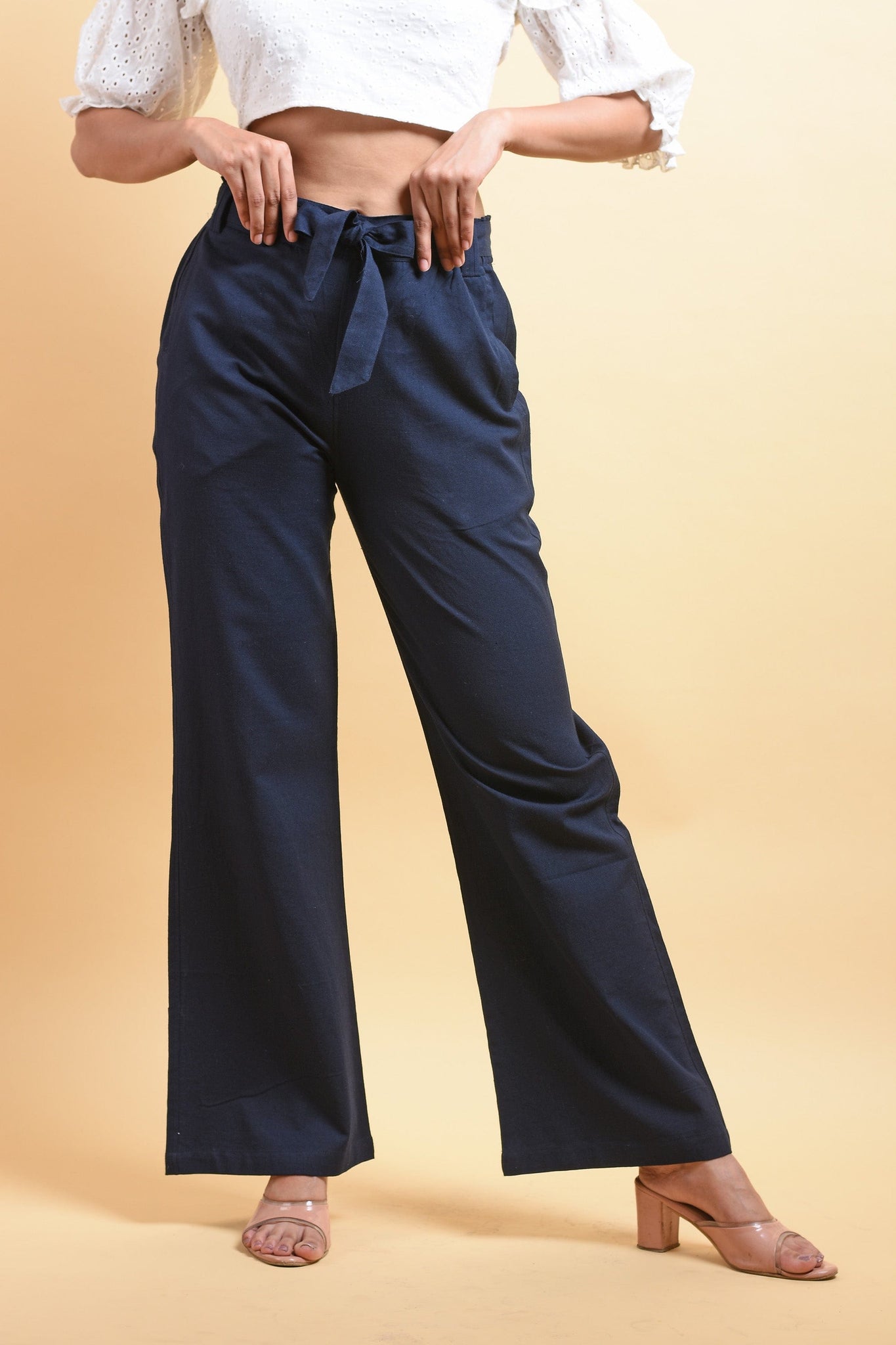 SAINLY Apparel & Accessories Medium Blue Cotton Linen Wide Leg Trousers