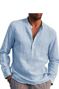 SAINLY Apparel & Accessories Navy Blue / Small Men's Long-Sleeved Shirts Summer Solid Color Stand-Up Collar Casual Beach Style