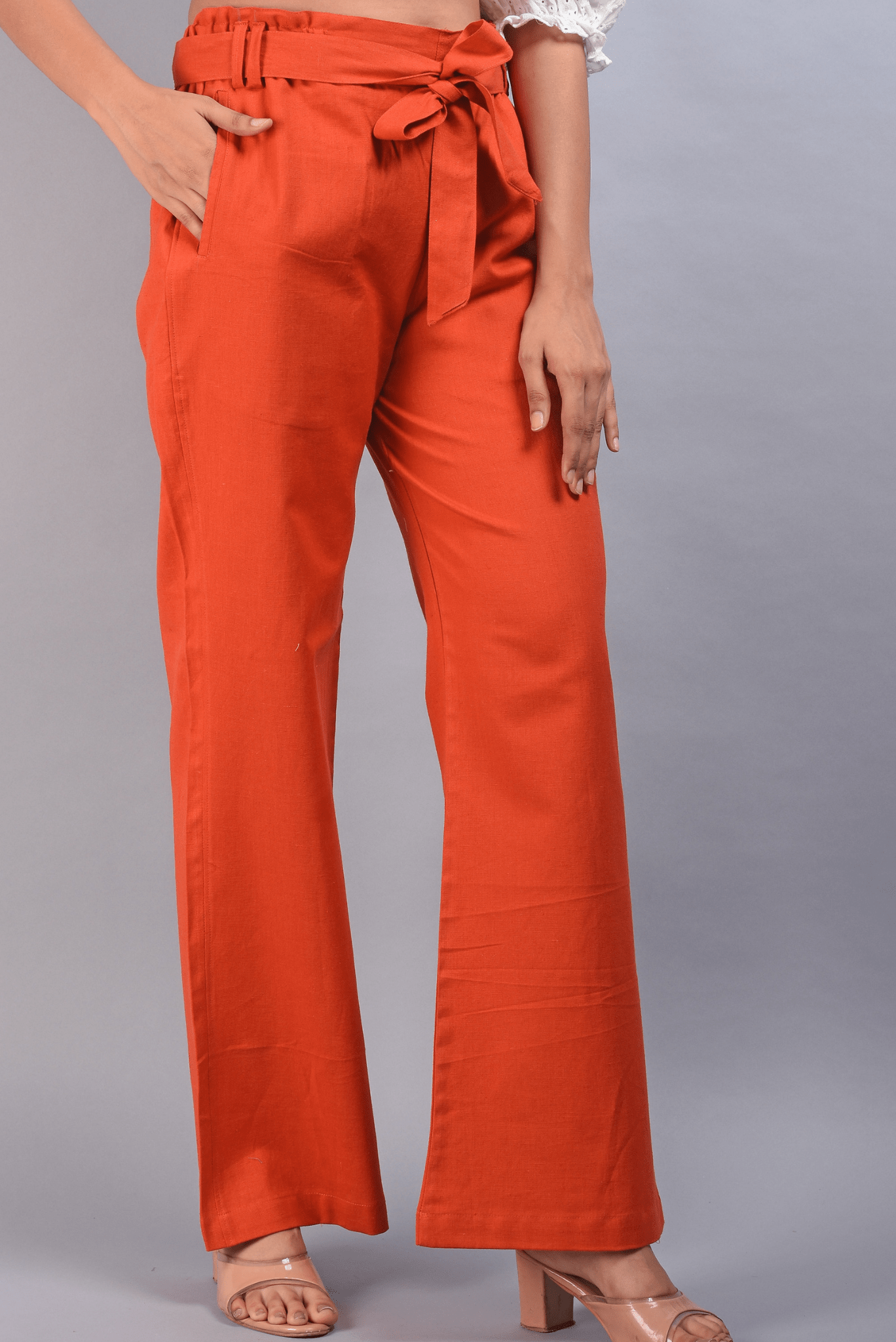SAINLY Apparel & Accessories Orange Cotton Linen Wide Leg Trousers For Women