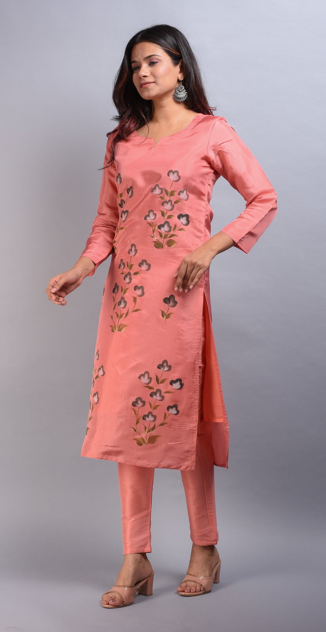SAINLY Apparel & Accessories Peach Hand Painted Upada Kurta with Raw Silk Pants - Set of 2
