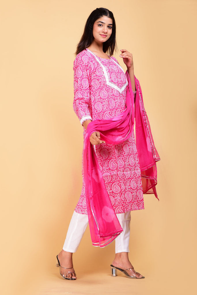 SAINLY Apparel & Accessories Pink and Blue Hand Block Printed Cotton Kurta with Cotton Pants & Dupatta - Set of 3
