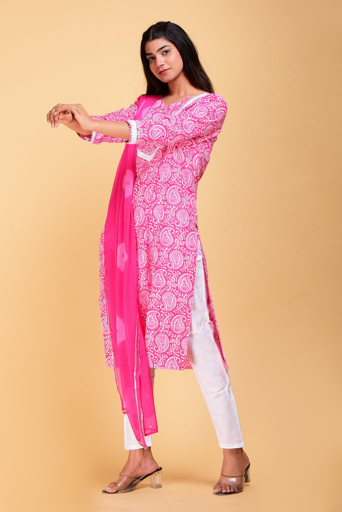 SAINLY Apparel & Accessories Pink and Blue Hand Block Printed Cotton Kurta with Cotton Pants & Dupatta - Set of 3
