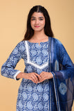 SAINLY Apparel & Accessories S / Blue Pink and Blue Hand Block Printed Cotton Kurta with Cotton Pants & Dupatta - Set of 3