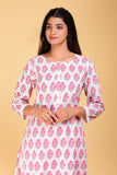 SAINLY Apparel & Accessories S / Pink Cotton Suit Floral Hand Block Printed Kurta With Trouser / Pant Set For Women
