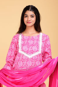 SAINLY Apparel & Accessories S / Pink Pink and Blue Hand Block Printed Cotton Kurta with Cotton Pants & Dupatta - Set of 3
