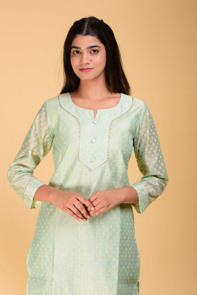 SAINLY Apparel & Accessories S / Sea Green Chanderi Silk Suit Kurti With Cotton Trouser Set For Women