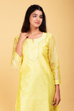SAINLY Apparel & Accessories S / Yellow Chanderi Silk Suit Kurti With Cotton Trouser Set For Women